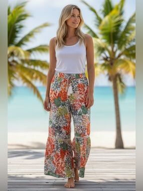 TRUE DESTINATIONS Tropical Coral Wide-Leg Pants White with Multicolor Floral